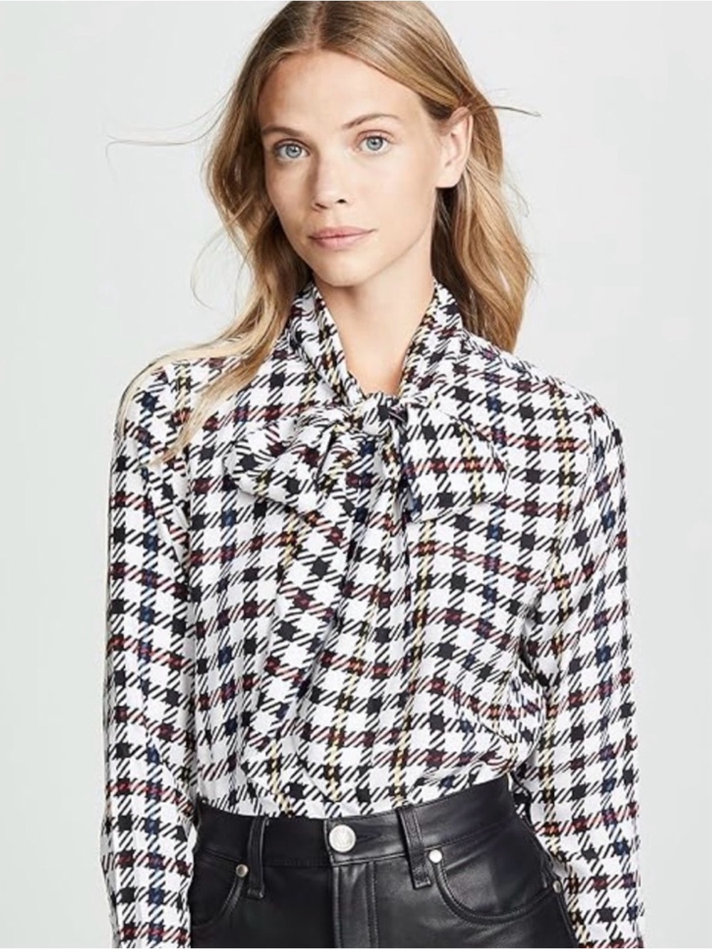 Equipment Femme Luis Silk BowTie Shirt Houndstooth Librarian Chic Office Siren L